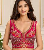 Rani pink heavy italian silk designer readymade blouse with mirror, zari, sequence & beads work party wear