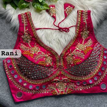 Rani pink heavy italian silk designer readymade blouse with mirror, zari, sequence & beads work party wear 2
