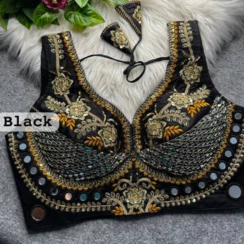 Black heavy italian silk designer readymade blouse with real mirror, zari, sequence & beads work party wear 2
