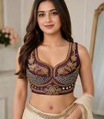 Wine heavy italian silk designer readymade blouse with real mirror, zari, sequence & beads work