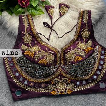 Wine heavy italian silk designer readymade blouse with real mirror, zari, sequence & beads work 2