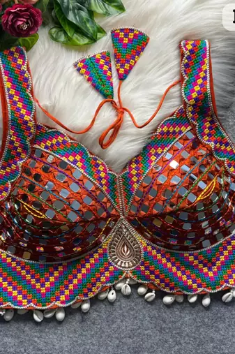 Rust heavy mirror work readymade blouse | multicolor kutch embroidery italian soft silk designer navratri choli