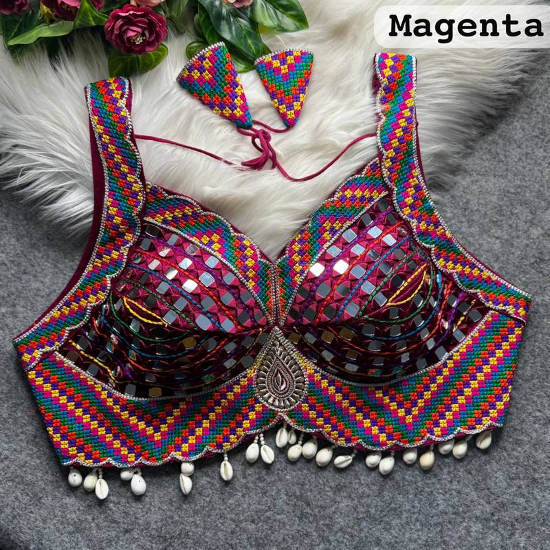 Wine heavy mirror work readymade blouse | multicolor kutch embroidery italian soft silk designer navratri choli