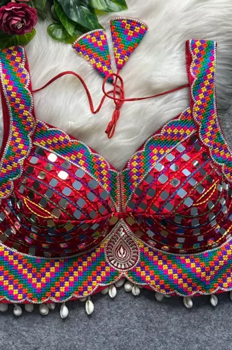 Red heavy mirror work readymade blouse | multicolor kutch embroidery italian soft silk designer navratri choli