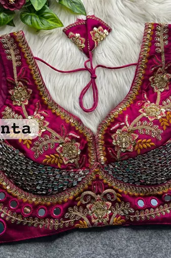 Magenta heavy italian silk designer readymade blouse with real mirror, zari, sequence & beads work