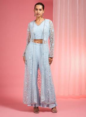 Powder blue resham embroidered net cape plazzo set 1