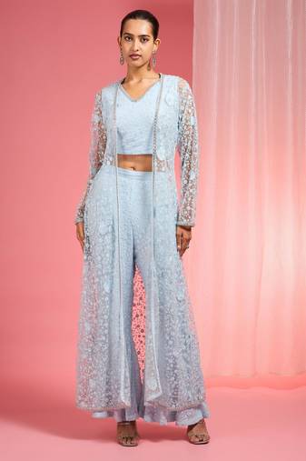 Powder blue resham embroidered net cape plazzo set
