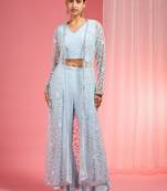Powder blue resham embroidered net cape plazzo set