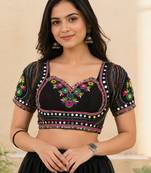 Black mirror work italian silk readymade designer mumtaz cut navratri garba festive blouse women