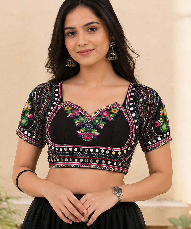 Black mirror work italian silk readymade designer mumtaz cut navratri garba festive blouse women