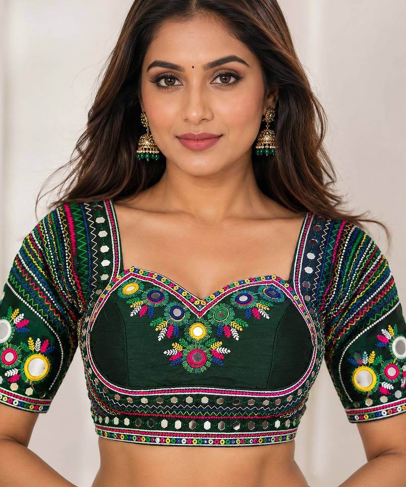 Bottle green mirror work italian silk readymade designer mumtaz cut navratri garba blouse for women