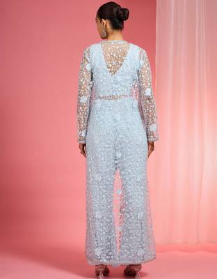Powder blue resham embroidered net cape plazzo set 2