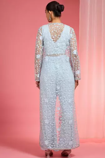 Powder blue resham embroidered net cape plazzo set