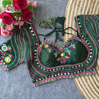 Bottle green mirror work italian silk readymade designer mumtaz cut navratri garba blouse for women 2