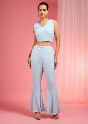 Powder blue resham embroidered net cape plazzo set 3