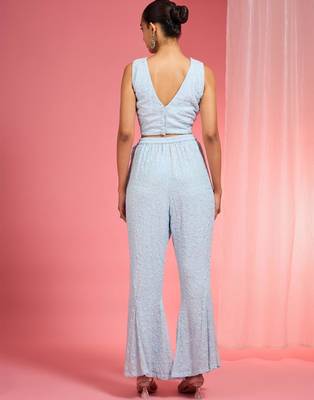 Powder blue resham embroidered net cape plazzo set 4