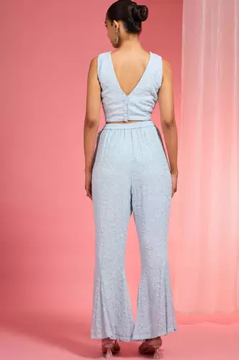 Powder blue resham embroidered net cape plazzo set