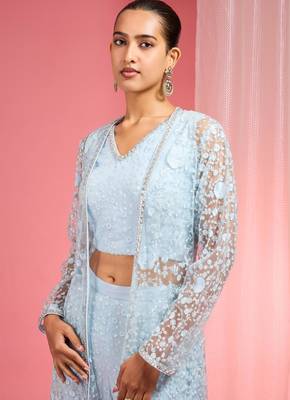 Powder blue resham embroidered net cape plazzo set 5
