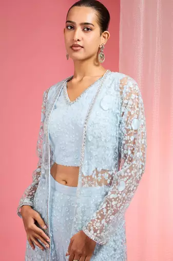 Powder blue resham embroidered net cape plazzo set