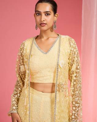 Lemon yellow resham embroidered net cape plazzo set 1