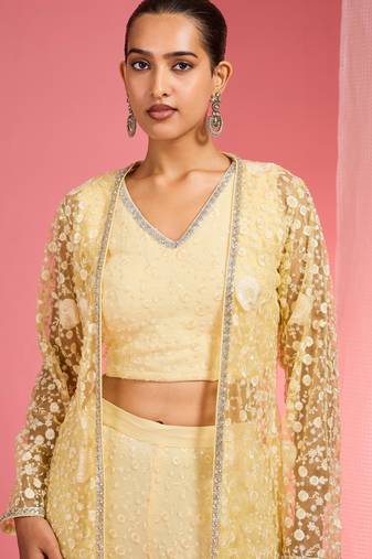 Lemon yellow resham embroidered net cape plazzo set