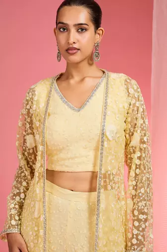 Lemon yellow resham embroidered net cape plazzo set