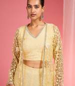 Lemon yellow resham embroidered net cape plazzo set