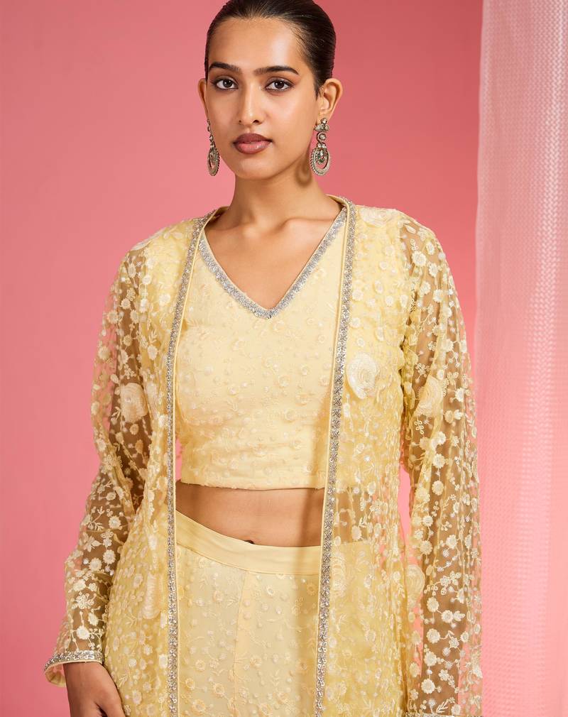 Lemon yellow resham embroidered net cape plazzo set