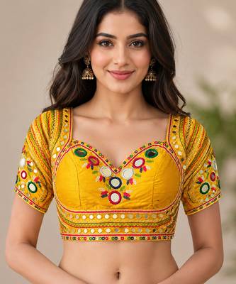 Yellow mirror work italian silk readymade designer mumtaz cut navratri garba festive blouse women 1
