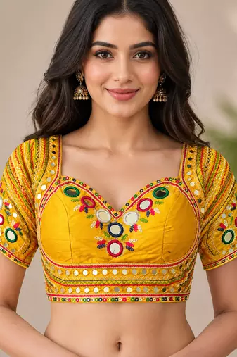 Yellow mirror work italian silk readymade designer mumtaz cut navratri garba festive blouse women