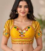 Yellow mirror work italian silk readymade designer mumtaz cut navratri garba festive blouse women