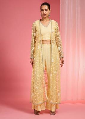 Lemon yellow resham embroidered net cape plazzo set 2