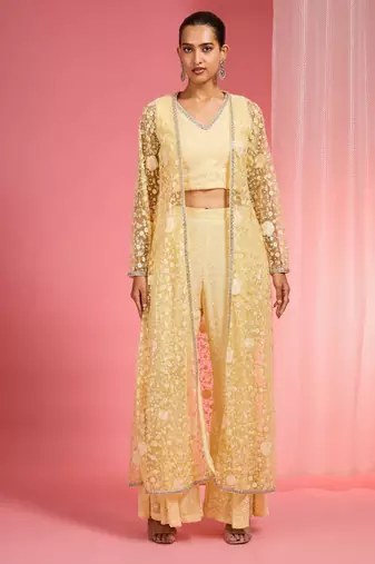 Lemon yellow resham embroidered net cape plazzo set