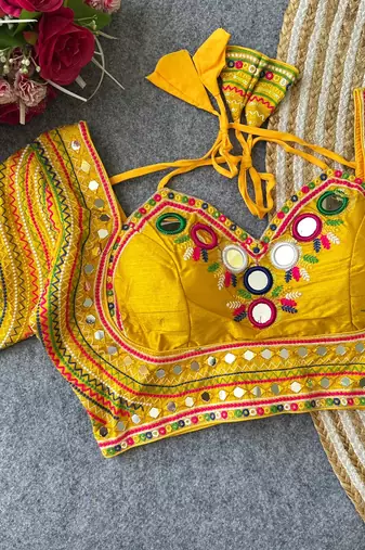 Yellow mirror work italian silk readymade designer mumtaz cut navratri garba festive blouse women
