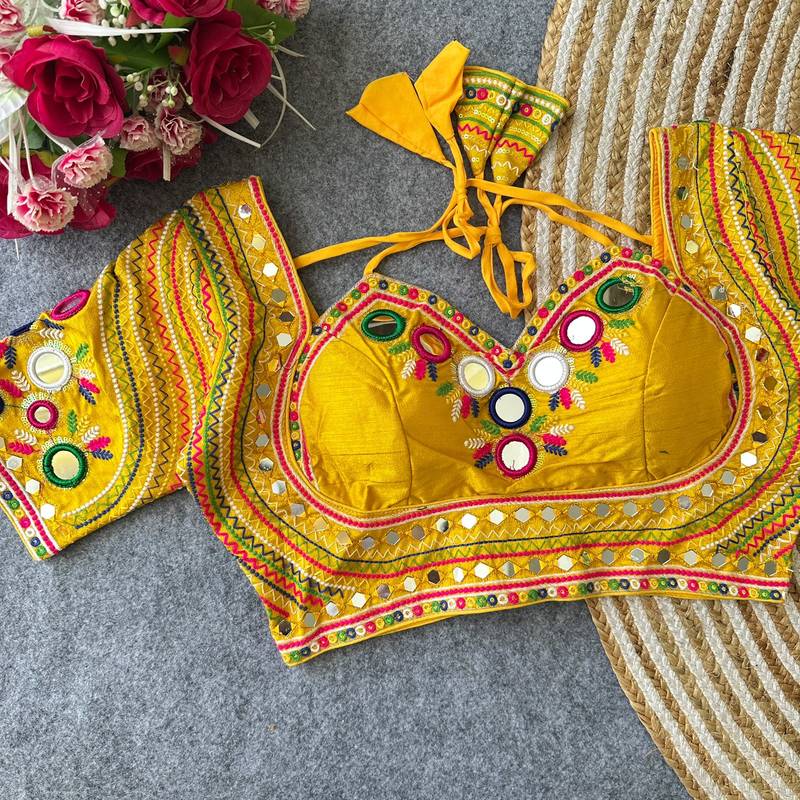 Yellow mirror work italian silk readymade designer mumtaz cut navratri garba festive blouse women