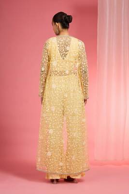 Lemon yellow resham embroidered net cape plazzo set 3