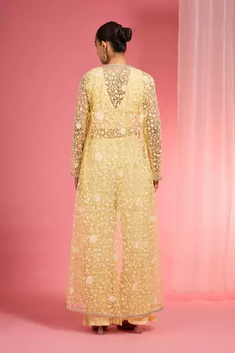 Lemon yellow resham embroidered net cape plazzo set