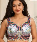 White heavy mirror work readymade blouse | multicolor kutch embroidery italian soft silk navratri designer blouse
