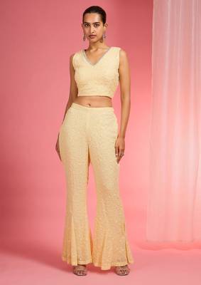 Lemon yellow resham embroidered net cape plazzo set 4