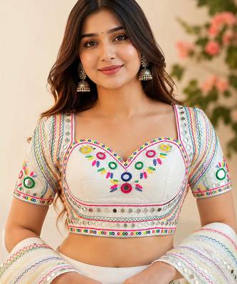 White mirror work italian silk readymade designer mumtaz cut navratri festive blouse for women 1
