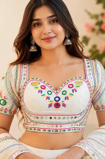 White mirror work italian silk readymade designer mumtaz cut navratri festive blouse for women