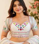 White mirror work italian silk readymade designer mumtaz cut navratri festive blouse for women