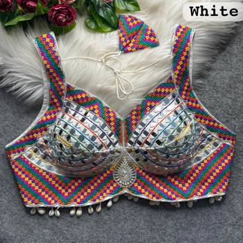 White heavy mirror work readymade blouse | multicolor kutch embroidery italian soft silk navratri designer blouse 2