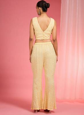 Lemon yellow resham embroidered net cape plazzo set 5