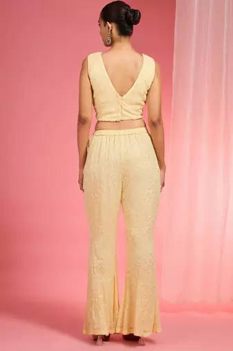 Lemon yellow resham embroidered net cape plazzo set