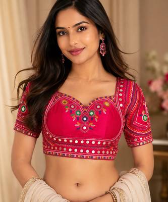 Rani pink mirror work italian silk readymade designer mumtaz cut navratri garba festive blouse women 1