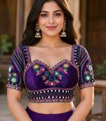 Purple mirror work italian silk readymade designer mumtaz cut navratri garba blouse for women