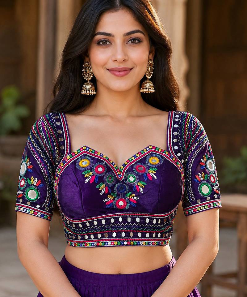 Purple mirror work italian silk readymade designer mumtaz cut navratri garba blouse for women