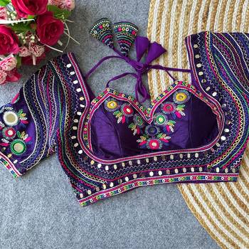 Purple mirror work italian silk readymade designer mumtaz cut navratri garba blouse for women 2