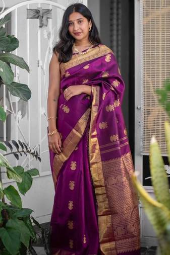banarasi silk blend purple color woven saree with blouse